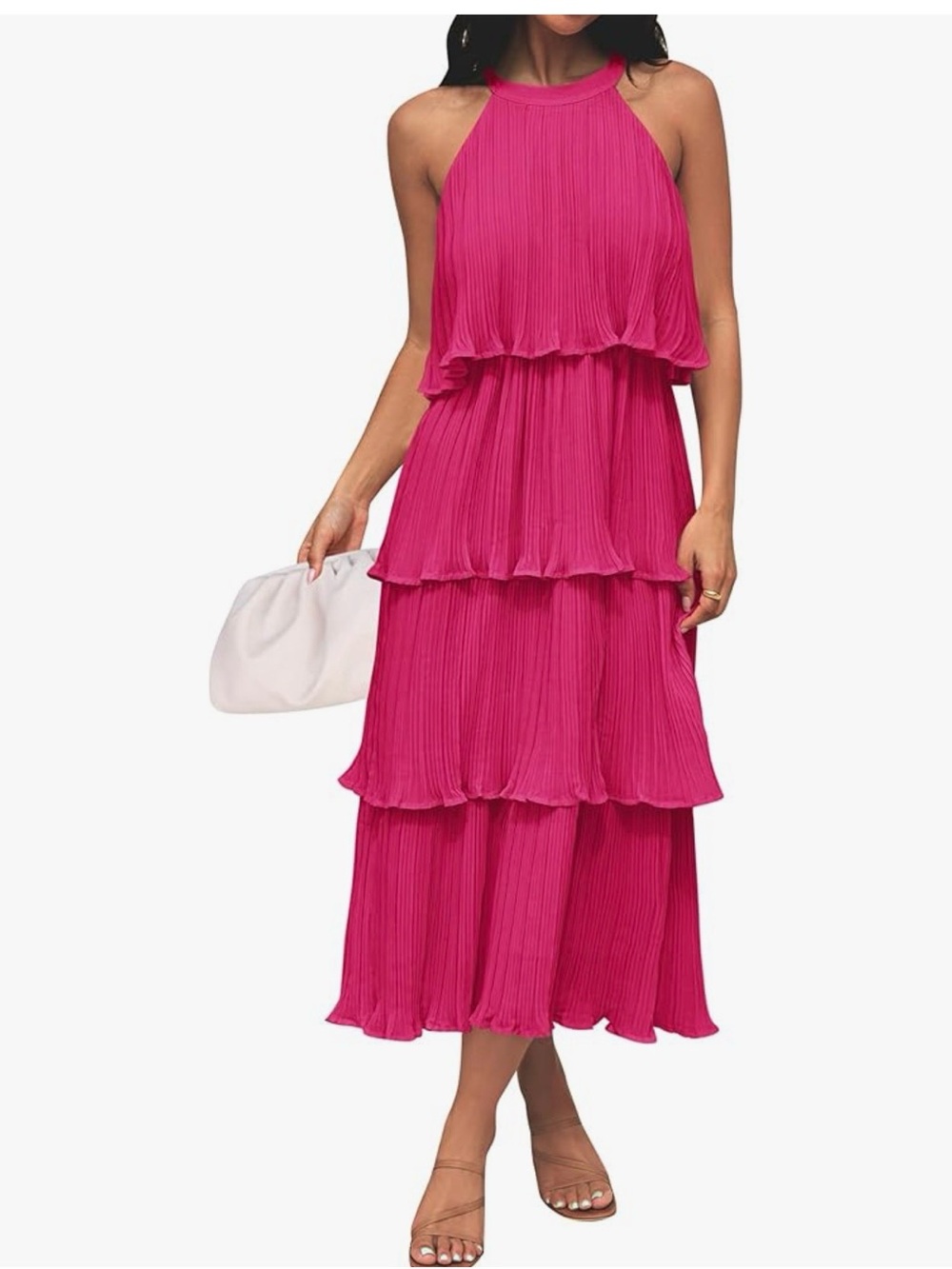 ZESICA Sleeveless Halter Neck Ruffle Tiered Layed Chiffon Flowy Long Midi Dres